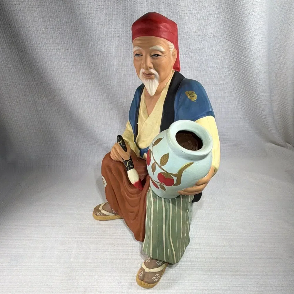 Vintage Sato Hakata Clay Doll Old Man Potter Artist Painting Vase Figurine 11”